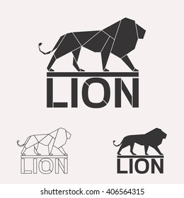 Lion logo set. Lion geometric lines silhouette isolated on white background vintage vector design element illustration set