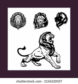 Lion Logo Set. Premium Design Collection. Vector Illustration, Lion. Sketchy, graphical, black and white portrait of a lion walking forward on a white background