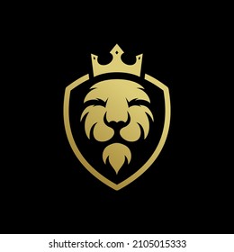lion logo with shield and crown design vector template