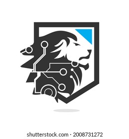 logotipo de león en escudo con adorno de temática tecnológica