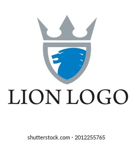 Lion logo. Stylized face of a lion on a heraldic shield. Top of the crown