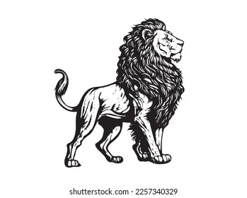 Lion logo  - vector illustration, engraving style on white background.