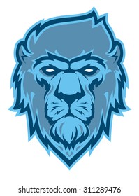 Lion logotype. Stylized powerful front view lion head mascot.