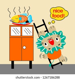 the lion is looking for fish, cartoon vector illustration
