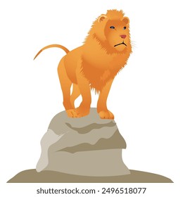Lion looking into the distance stănding on a rock. Vector illustration isolated on white.