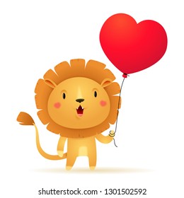 lion in love with a heart balloon for valintine's day card