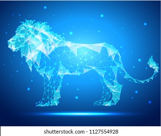 lion, low poly style, geometry, vector illustration, blue background, triangles