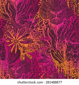 Lion and lynx hand-drawn seamless pattern, floral background, tangled ornament, bright colors. Vector doodling background. 