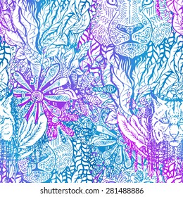 Lion and lynx hand-drawn seamless pattern, floral background, tangled ornament, bright colors. Vector doodling background. 