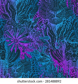 Lion and lynx hand-drawn seamless pattern, floral background, tangled ornament, bright colors. Vector doodling background. 