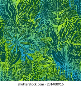 Lion and lynx hand-drawn seamless pattern, floral background, tangled ornament, bright colors. Vector doodling background. 