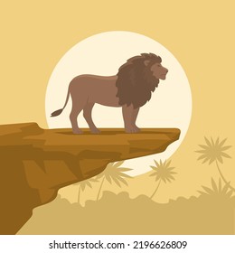 Lion Male On A High Rock Against The Backdrop Of The Jungle. Big Cat Hunter With A Mane. Predatory Animal Mammal Of Africa. King Lion. Fauna And Zoology. Cartoon Vector Illustration