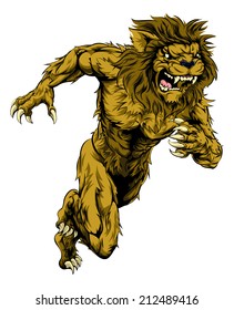 A lion man character or sports mascot charging, sprinting or running