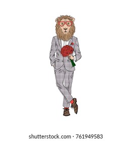 lion man dressed up in suit with flowers, romantic character
