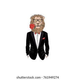 lion man dressed up in tuxedo and rose  romantic character