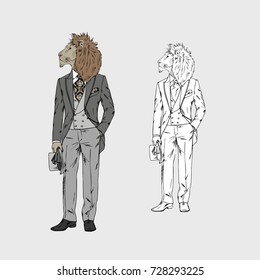 lion man dressed up in vintage victorian suit, furry art illustration, fashion animals