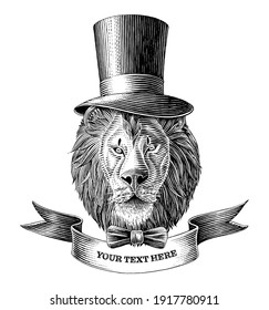 The lion man logo with banner hand draw vintage engraving illustration black and white clip art isolated on white background