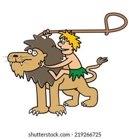 lion and man, vector funny illustration