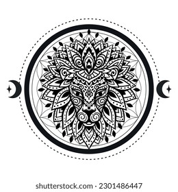 Cabecera de mandala de león. Ilustración vectorial geometría sagrada. Dibujo étnico de las flores. Animal Leo decorativo al estilo Zen boho. Boho, hippie para la decoración