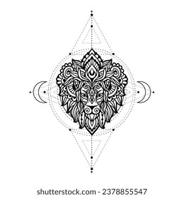 Lion mandala head. Vector illustration sacred geometry. Flower Ethnic drawing. Decorative Lion animal in Zen boho style. Boho, hippie for decoration