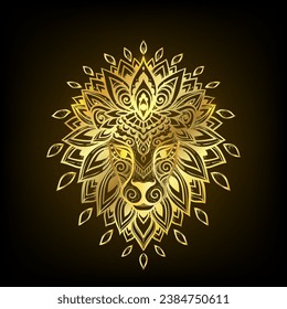 Lion mandala ornament Gold. Vector illustration. Flower Ethnic drawing. Lion animal in Zen boho style. Coloring page, Leo zodiac, Astrology