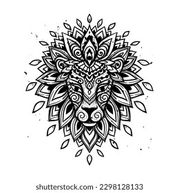 Lion mandala ornament. Vector illustration. Flower Ethnic drawing. Lion animal in Zen boho style. Coloring page, Leo zodiac, Astrology