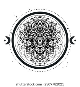 Lion mandala ornament. Vector illustration. Flower Ethnic drawing. Lion animal in Zen boho style. sacred geometry, Leo zodiac, Astrology