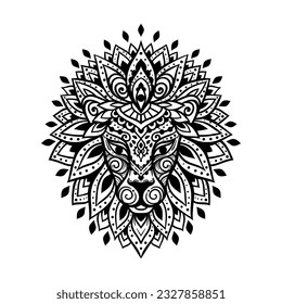 Lion mandala ornament. Vector illustration. Flower Ethnic drawing. Lion animal in Zen boho style. Coloring page, Leo zodiac, Astrology