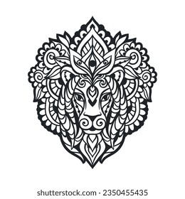 Lion mandala ornament. Vector illustration. Flower Ethnic drawing. Lion animal in Zen boho style. Coloring page, Leo zodiac, Astrology