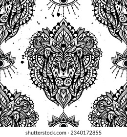 Lion mandala ornament. Vector Pattern illustration. Flower Ethnic drawing. Lion animal in Zen boho style. Coloring page, Leo zodiac, Astrology