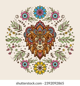 Lion mandala retro. Vector illustration. Flower Ethnic drawing. Leo animal nature in Zen boho style. Coloring page, hippie style