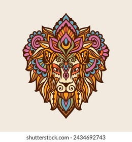 Mandala de león retro. Ilustración vectorial. Flor Dibujo étnico. Naturaleza animal Leo en estilo boho Zen. Página para colorear, estilo hippie