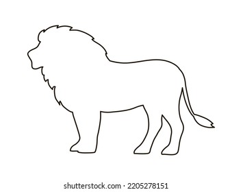 Lion with a mane. Black line silhouette. Big cat hunter. Predatory animal mammal of Africa. King lion. Fauna and zoology. Design template for label, sign, logo. Vector illustration on white background