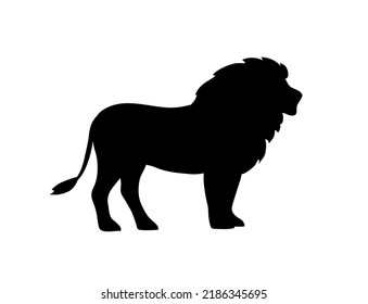 Lion with a mane. Black silhouette. Big cat hunter. Predatory animal mammal of Africa. King lion. Fauna and zoology. Design template for label, sign, logo. Vector illustration on white background