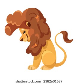 Lion with Mane as Proud Powerful Wild African Animal Sitting with Shy Muzzle Vector Illustration