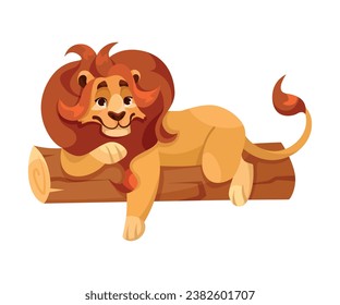 Lion with Mane as Proud Powerful Wild African Animal Lying on Log Vector Illustration