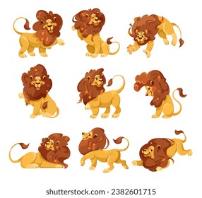 Lion with Mane as Proud Powerful Wild African Animal in Different Pose Vector Set