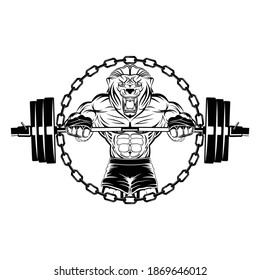 Lion Mascot for Bodybuilding. Powerlifting. A tribal predator holds a barbell. Vector illustrations for t shirt print. Hand drawn sport logos, badges, labels, poster.