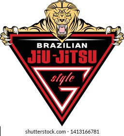 Lion Mascot for Brazilian jiu-jitsu. BJJ. Illustrations for t shirt print. Gracie style. Layer Emblem for fight club. Battle winner. Vector Illustration.