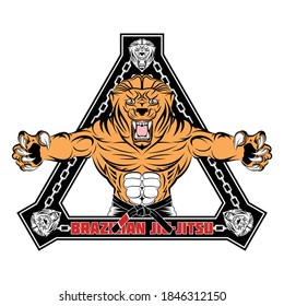 Lion Mascot for Brazilian jiu-jitsu. BJJ. Vector illustrations for t shirt print. Gracie style. Layer Emblem for fight club. Battle winner.