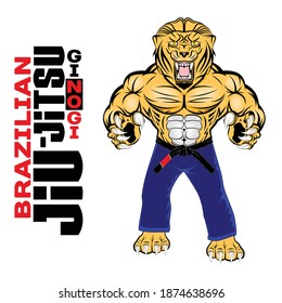 Lion Mascot for Brazilian jiu-jitsu. BJJ. Gi and No Gi. Vector illustrations for t shirt print. Layer Emblem for fight club. Battle winner. Hand drawn sport logos, badges, labels, poster.