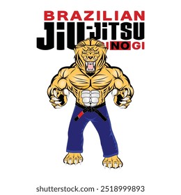 Lion Mascot for Brazilian jiu-jitsu. BJJ. Vector illustrations for t shirt print. Gracie style. Layer Emblem for fight club. Battle winner. Hand drawn sport logos, badges, labels.