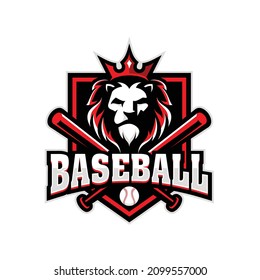 Lion mascot with crown for baseball team logo with red, black and white colors