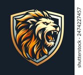 Lion mascot esport logo design. Lion logo features a stylized lion's head within a shield shape. Vector illustration