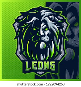 Lion mascot esport logo design illustrations vector template, Green Lion logo for team game streamer youtuber banner twitch discord