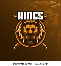 lion mascot logo design vector with modern illustration concept style for badge, emblem and tshirt printing. angry lion head  illustration with a spear.