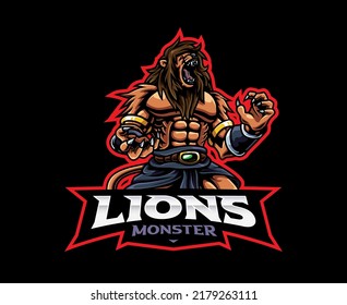 Logo-Design von Lion Mascot. Ionenkrieger, Vektorgrafik. Logo-Illustration für Maskottchen oder Symbole und Identität, Emblem-Sport- oder E-Sport-Gaming-Team