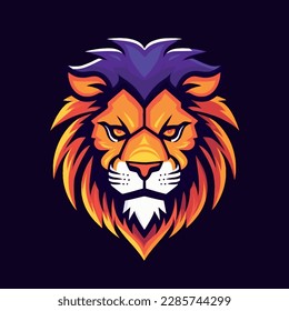 Lion Mascot logo for sports and esports, orange and purple head, isolated on dark background