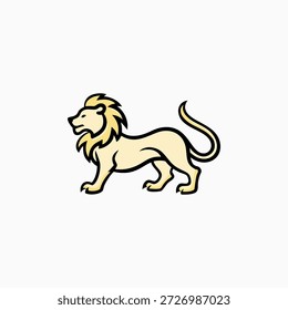 Ilustração do vetor do logotipo do mascote do leão. Personagem de Leão de Ouro Estilizado de pé em perfil, Ideal para Branding e Design de Ícone.