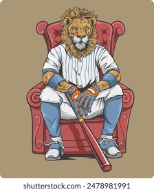 lion mascot sitting on a red chair carrying a baseball bat at los angels baseball field